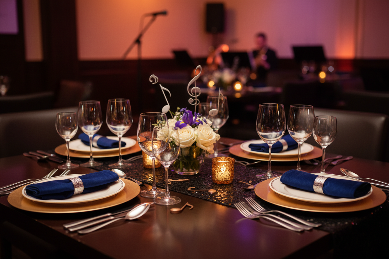 Table for 4 to a jazz dinner, close up image of the table with little view of the room
